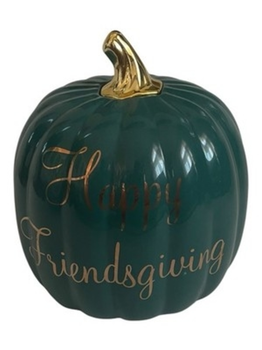 Happy Friendsgiving Ceramic Pumpkin Decor Green Gold 8x8.5 EXC Fall Thanksgiving - Picture 4 of 6